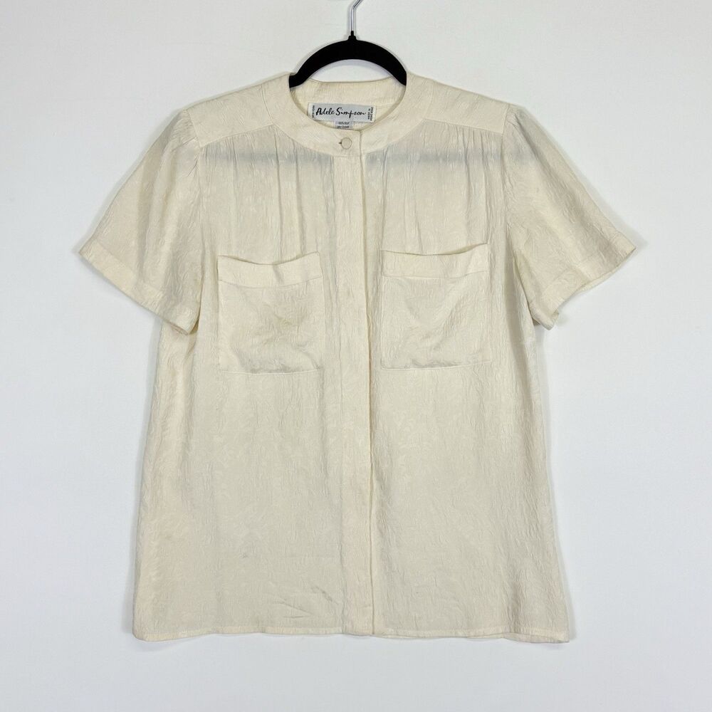 Adele Simpson Vintage Beige 100% Silk Textured Blouse Shirt Top Women's Sz Small